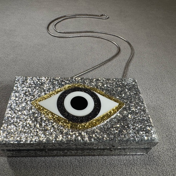 Silver Glitter Evil Eye Clutch with Strap - Picture 2 of 12